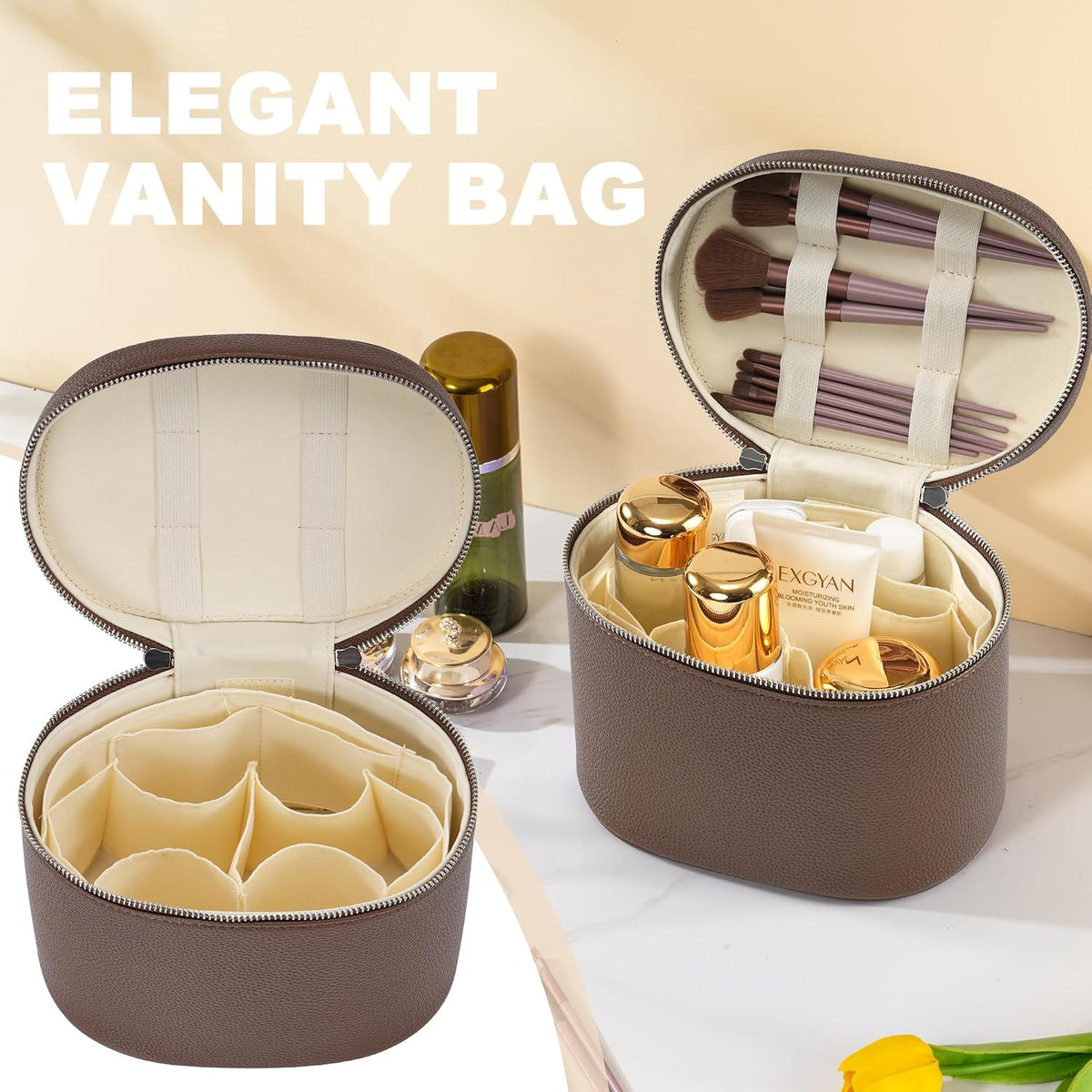 Makeup Bag Vanity Case Cosmetic Bag with Removable Divider Travel Toiletry Bag for Women Portable Make up Box Organizer, Dark Brown
