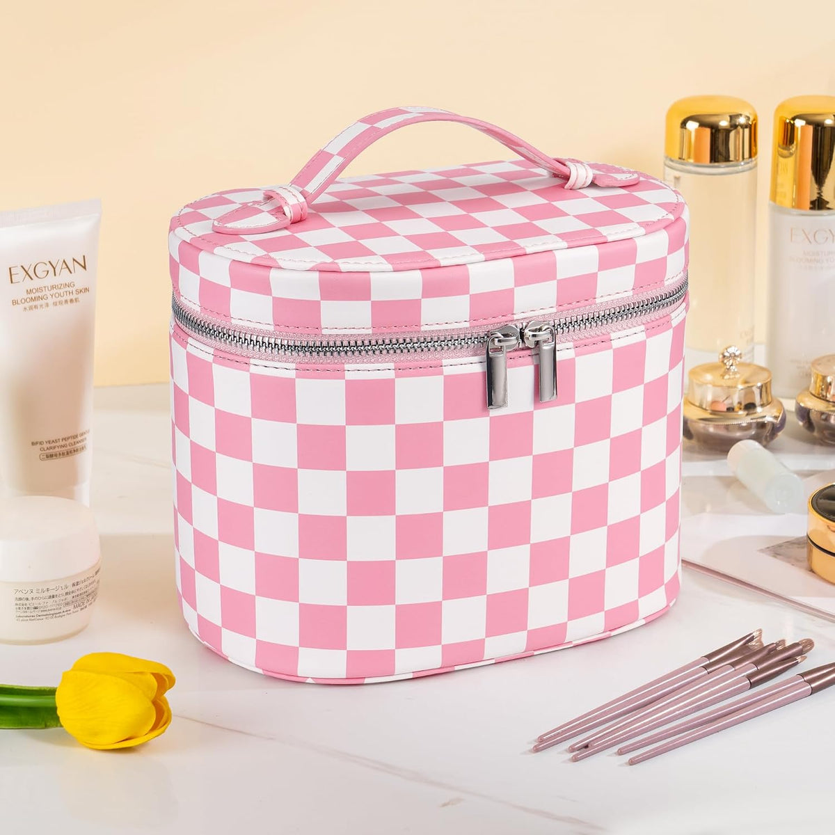 Makeup Bag Vanity Case Cosmetic Bag with Removable Divider Travel Toiletry Bag for Women Portable Make up Box Organizer, Dark Brown