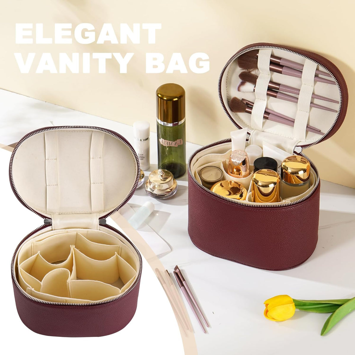 Makeup Bag Vanity Case Cosmetic Bag with Removable Divider Travel Toiletry Bag for Women Portable Make up Box Organizer, Dark Brown