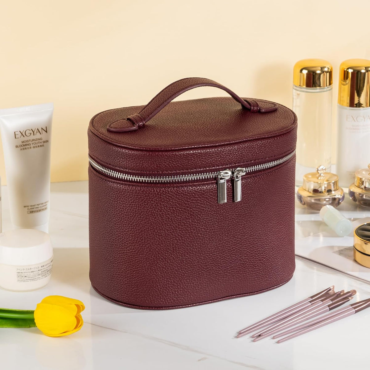 Makeup Bag Vanity Case Cosmetic Bag with Removable Divider Travel Toiletry Bag for Women Portable Make up Box Organizer, Dark Brown
