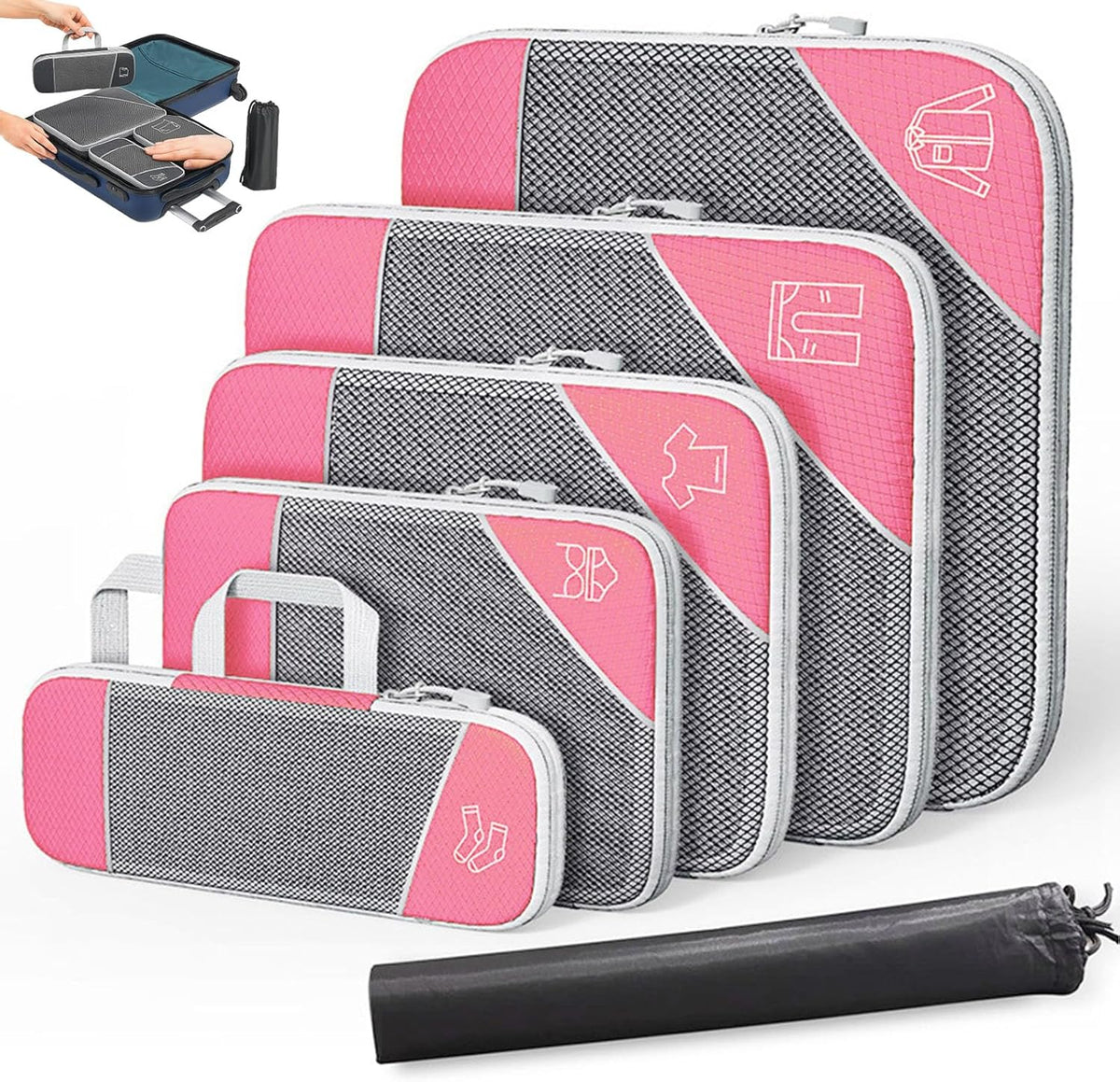 Compression Packing Cubes for Travel, Space-Saving Luggage Organizers, Durable & Waterproof 6-Piece Set with Compression Zipper for Clothes, Shoes & Accessories (Red)
