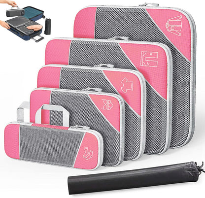 Compression Packing Cubes for Travel, Space-Saving Luggage Organizers, Durable & Waterproof 6-Piece Set with Compression Zipper for Clothes, Shoes & Accessories (Red)