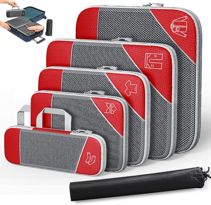 Compression Packing Cubes for Travel, Space-Saving Luggage Organizers, Durable & Waterproof 6-Piece Set with Compression Zipper for Clothes, Shoes & Accessories (Red)