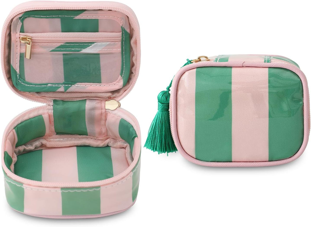 Travel Jewelry Case, Pink and Orange | Clear Coated, Stripe, Tassels, Mini Storage Box for Ring,Necklace,Bracelet,Gift