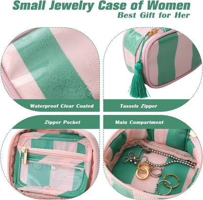 Travel Jewelry Case, Pink and Orange | Clear Coated, Stripe, Tassels, Mini Storage Box for Ring,Necklace,Bracelet,Gift