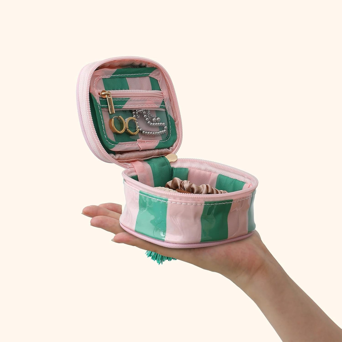 Travel Jewelry Case, Pink and Orange | Clear Coated, Stripe, Tassels, Mini Storage Box for Ring,Necklace,Bracelet,Gift