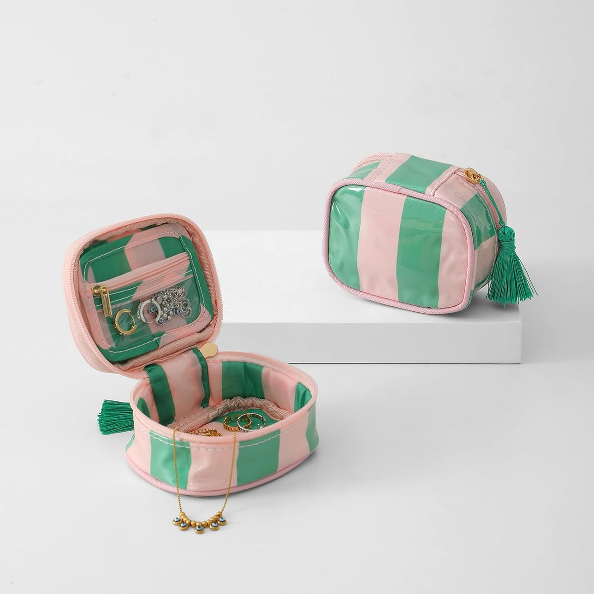 Travel Jewelry Case, Pink and Orange | Clear Coated, Stripe, Tassels, Mini Storage Box for Ring,Necklace,Bracelet,Gift