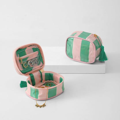 Travel Jewelry Case, Pink and Orange | Clear Coated, Stripe, Tassels, Mini Storage Box for Ring,Necklace,Bracelet,Gift