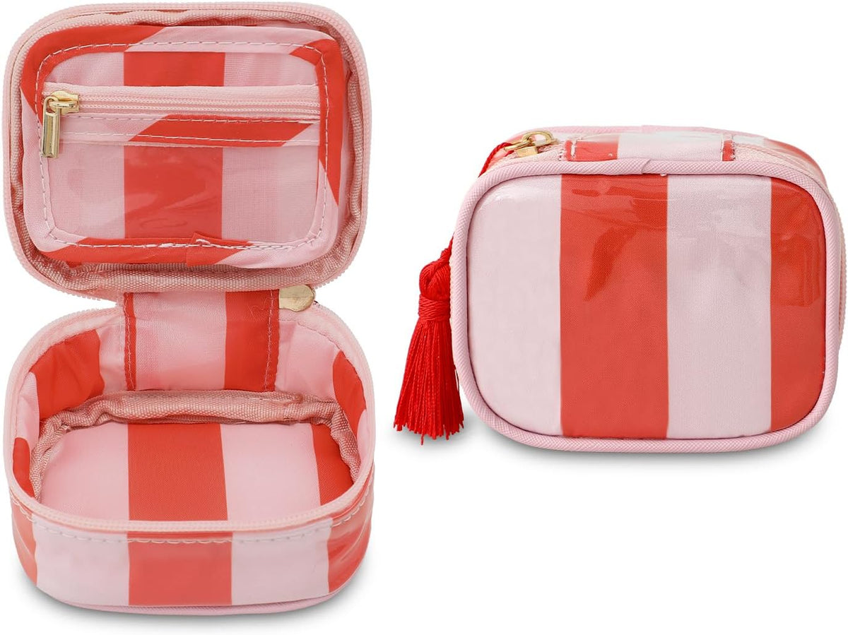 Travel Jewelry Case, Pink and Orange | Clear Coated, Stripe, Tassels, Mini Storage Box for Ring,Necklace,Bracelet,Gift