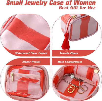 Travel Jewelry Case, Pink and Orange | Clear Coated, Stripe, Tassels, Mini Storage Box for Ring,Necklace,Bracelet,Gift