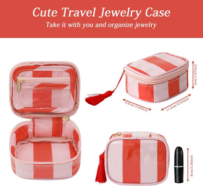 Travel Jewelry Case, Pink and Orange | Clear Coated, Stripe, Tassels, Mini Storage Box for Ring,Necklace,Bracelet,Gift