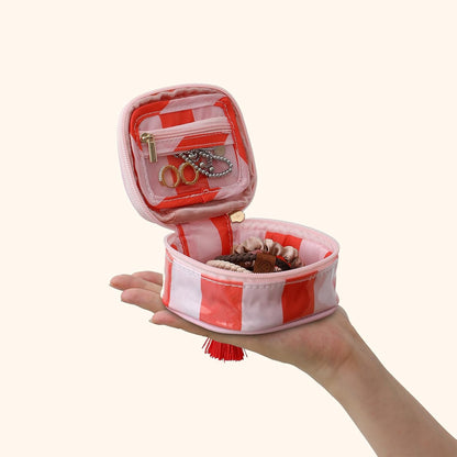 Travel Jewelry Case, Pink and Orange | Clear Coated, Stripe, Tassels, Mini Storage Box for Ring,Necklace,Bracelet,Gift