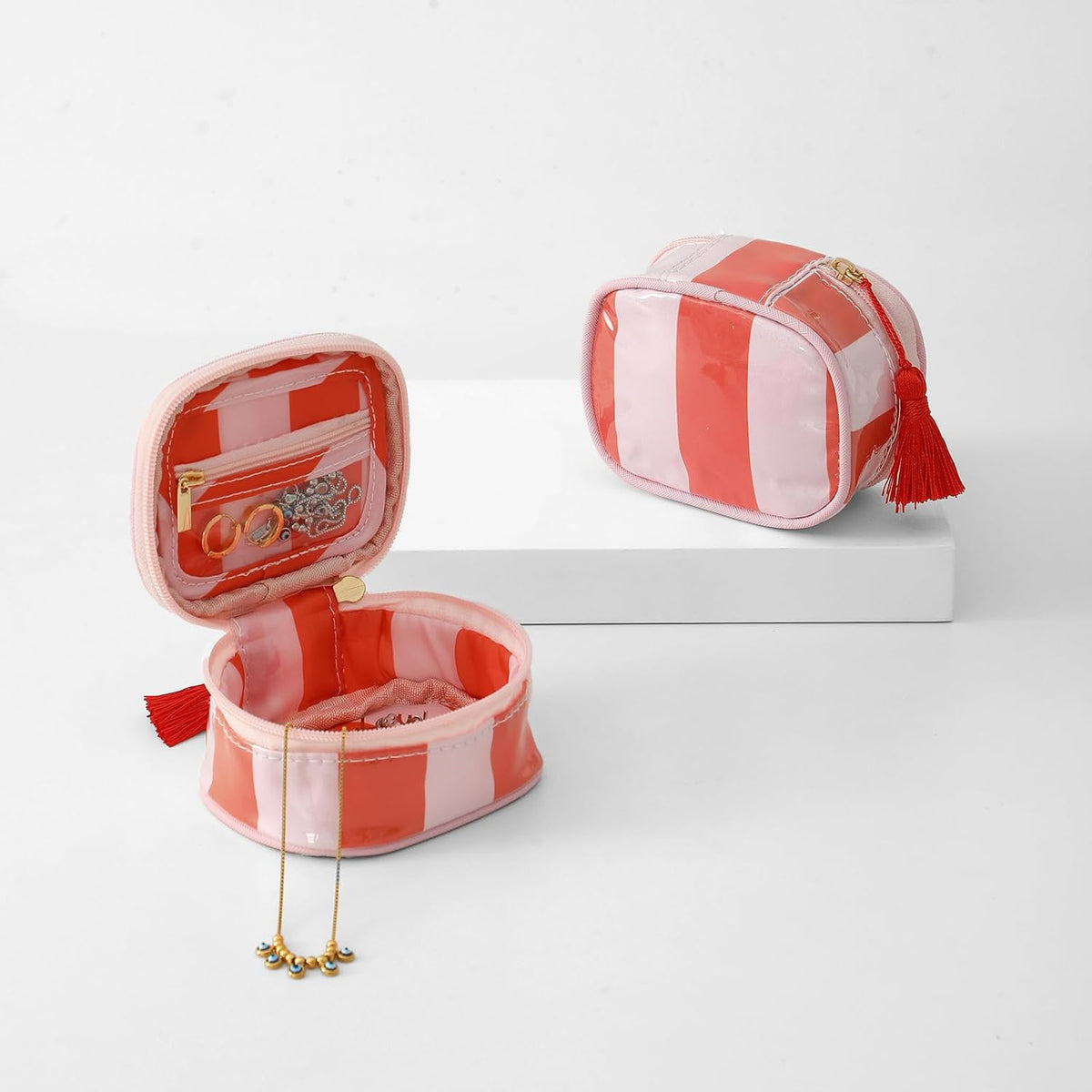 Travel Jewelry Case, Pink and Orange | Clear Coated, Stripe, Tassels, Mini Storage Box for Ring,Necklace,Bracelet,Gift