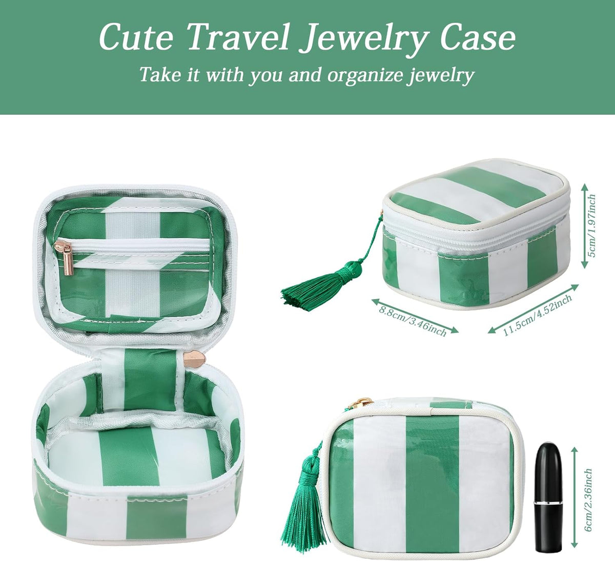 Travel Jewelry Case, Pink and Orange | Clear Coated, Stripe, Tassels, Mini Storage Box for Ring,Necklace,Bracelet,Gift