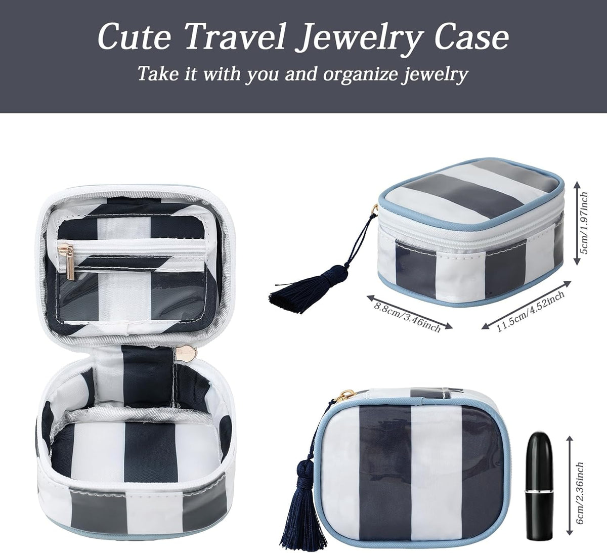 Travel Jewelry Case, Pink and Orange | Clear Coated, Stripe, Tassels, Mini Storage Box for Ring,Necklace,Bracelet,Gift