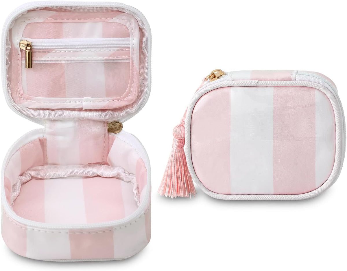 Travel Jewelry Case, Pink and Orange | Clear Coated, Stripe, Tassels, Mini Storage Box for Ring,Necklace,Bracelet,Gift