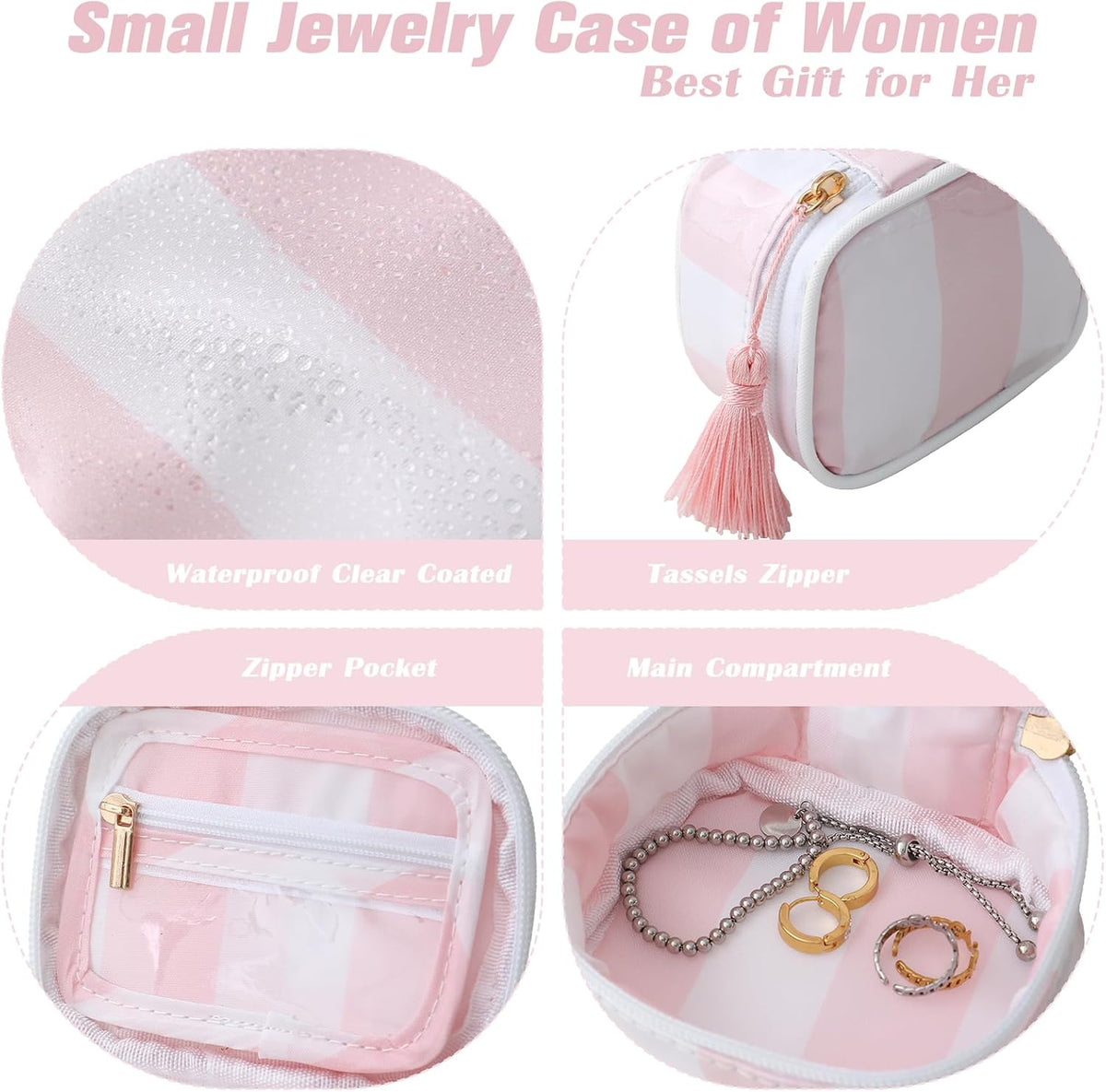 Travel Jewelry Case, Pink and Orange | Clear Coated, Stripe, Tassels, Mini Storage Box for Ring,Necklace,Bracelet,Gift