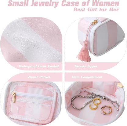 Travel Jewelry Case, Pink and Orange | Clear Coated, Stripe, Tassels, Mini Storage Box for Ring,Necklace,Bracelet,Gift