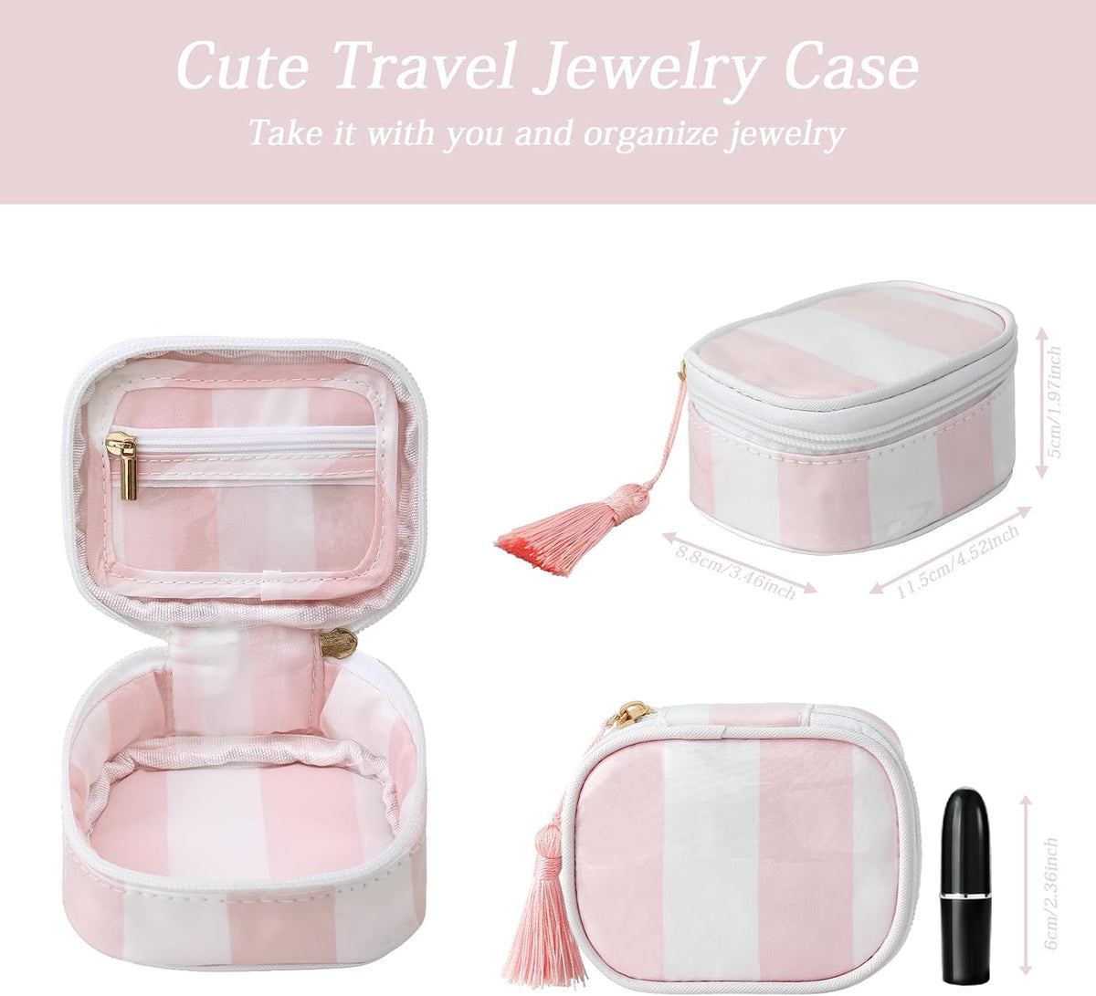 Travel Jewelry Case, Pink and Orange | Clear Coated, Stripe, Tassels, Mini Storage Box for Ring,Necklace,Bracelet,Gift