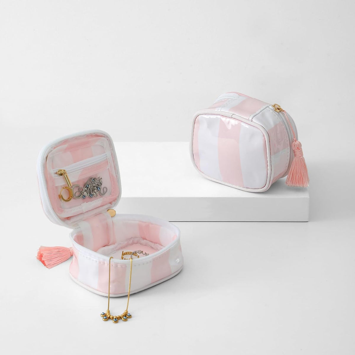 Travel Jewelry Case, Pink and Orange | Clear Coated, Stripe, Tassels, Mini Storage Box for Ring,Necklace,Bracelet,Gift