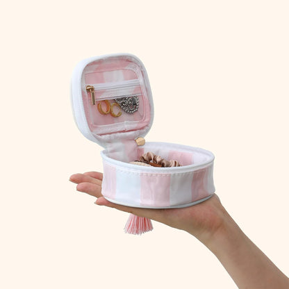 Travel Jewelry Case, Pink and Orange | Clear Coated, Stripe, Tassels, Mini Storage Box for Ring,Necklace,Bracelet,Gift