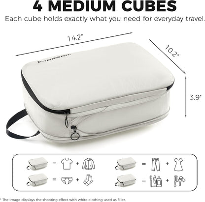 4 Pack Ultralight Compression Packing Cubes for Travel, White | 100D Composite Nylon, Translucent Design, Water Repellent and Tear-resistant, Odor and Dust Protection, Compression Reliable