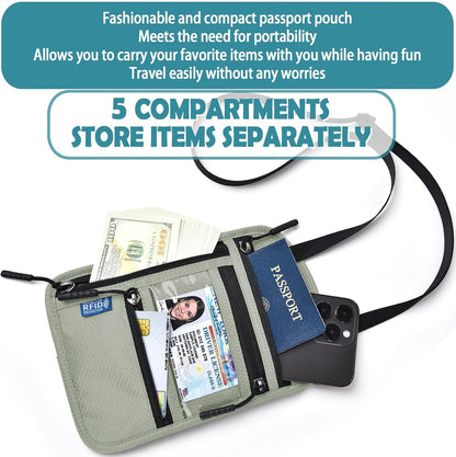 RFID Blocking Travel Neck Wallet–Hidden Passport Holder & Anti-Theft Money Pouch for Men & Women, Lightweight Concealed Travel Organizer with Adjustable Strap Secure Document