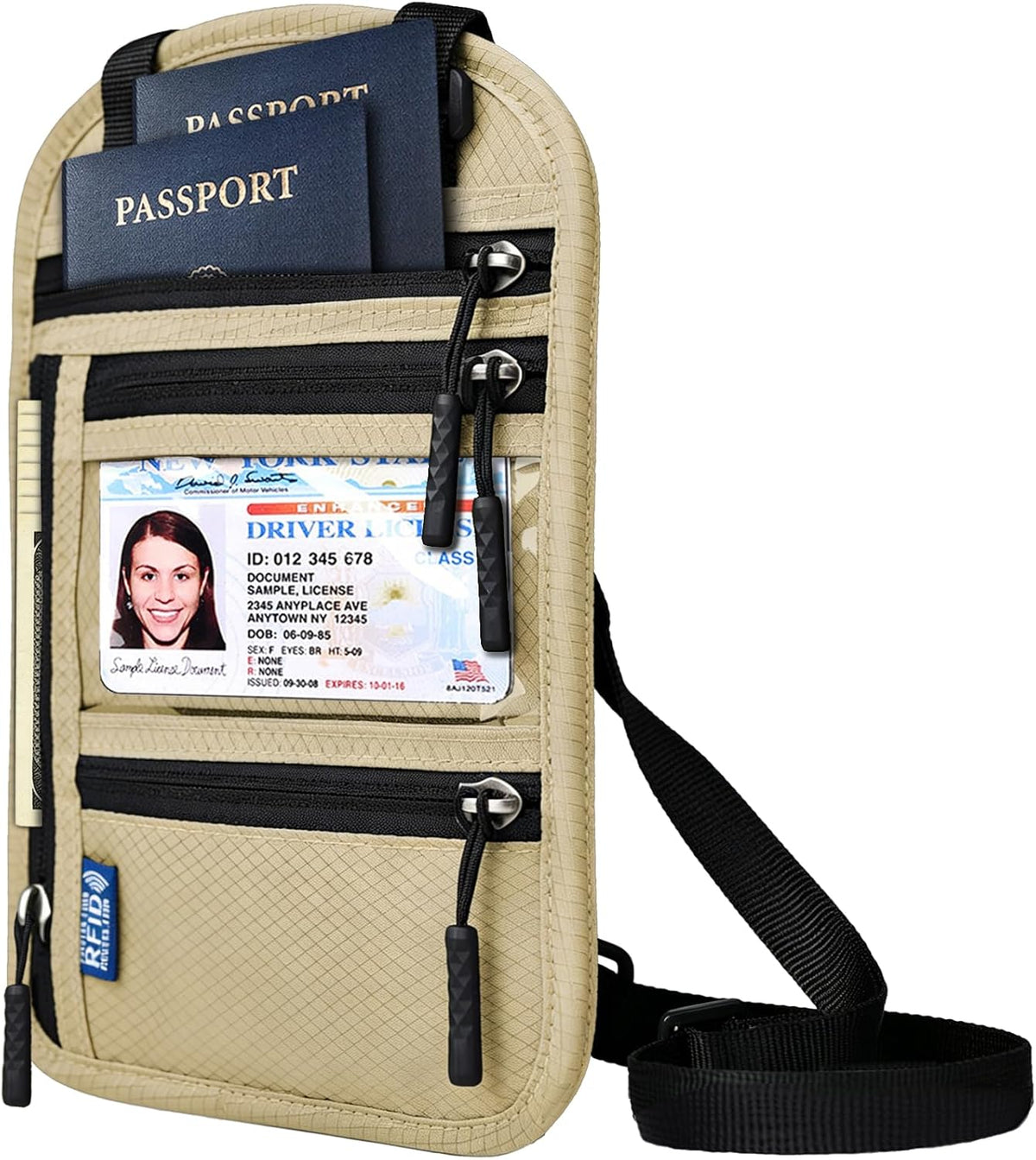 RFID Blocking Travel Neck Wallet–Hidden Passport Holder & Anti-Theft Money Pouch for Men & Women, Lightweight Concealed Travel Organizer with Adjustable Strap Secure Document