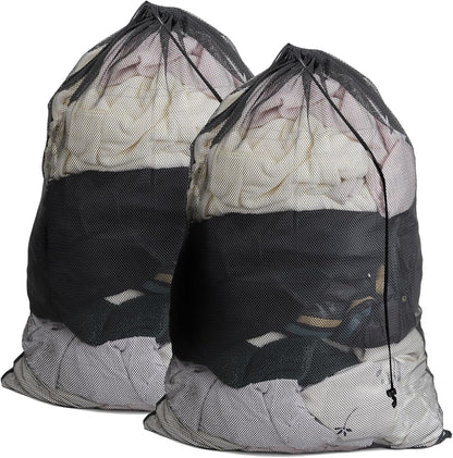 2 Pack Mesh Laundry Bags,24 x 35 Inches Heavy Duty Drawstring Dirty Clothes Bag for Camp,College,Dorm,Travel,Family,Apartment Dwellers,RV & Cruise Essentials(Black)