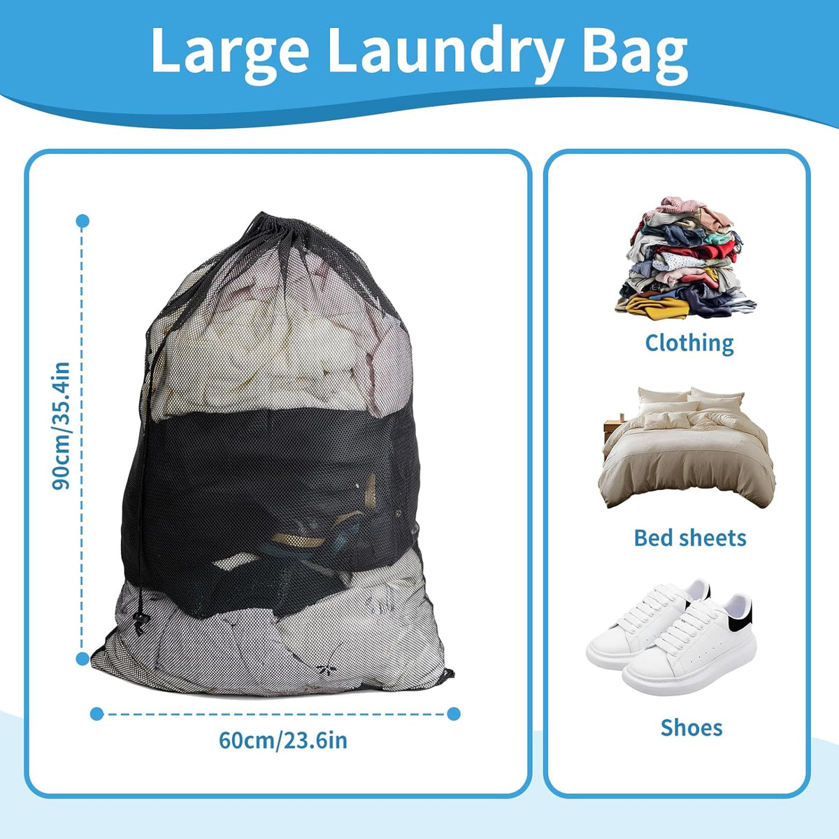 2 Pack Mesh Laundry Bags,24 x 35 Inches Heavy Duty Drawstring Dirty Clothes Bag for Camp,College,Dorm,Travel,Family,Apartment Dwellers,RV & Cruise Essentials(Black)