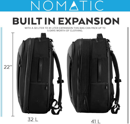 Navigator Travel Backpack - 32L Backpack with Laptop Compartment and 9L Built-In Expansion - Anti-Theft Carry-On Backpack for Travel - Water Resistant Travel Pack (Black)