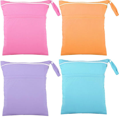 4 Pcs Wet Dry Bag for Baby Cloth Diapers Waterproof Wet Bag Washable Travel Reusable with 2 Pocket for Swimsuits for Yoga Gym Travel Beach Pool(Blue, Purple, Pink, Orange)