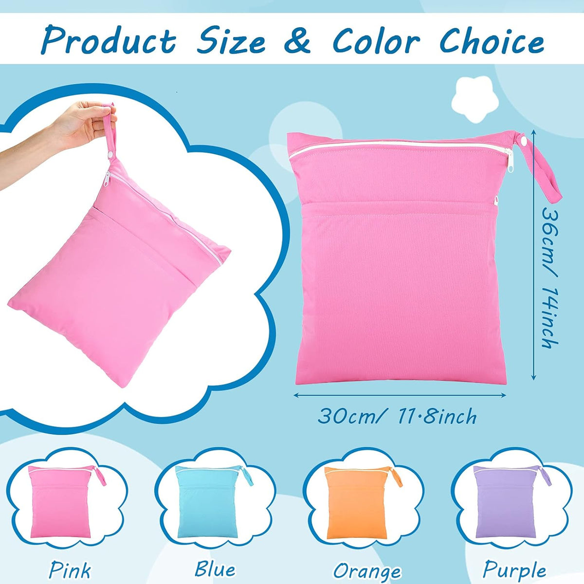 4 Pcs Wet Dry Bag for Baby Cloth Diapers Waterproof Wet Bag Washable Travel Reusable with 2 Pocket for Swimsuits for Yoga Gym Travel Beach Pool(Blue, Purple, Pink, Orange)