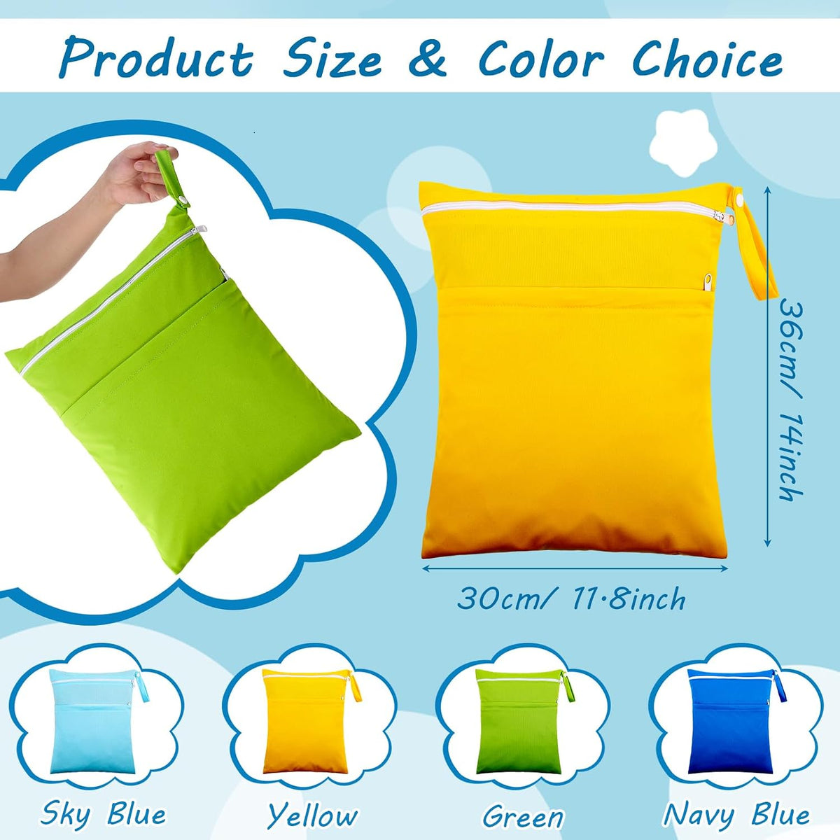 4 Pcs Wet Dry Bag for Baby Cloth Diapers Waterproof Wet Bag Washable Travel Reusable with 2 Pocket for Swimsuits for Yoga Gym Travel Beach Pool(Blue, Purple, Pink, Orange)