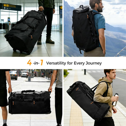 Rolling Duffle Bag for Travel with 3 Wheels, 28" 110L-120L Large Waterproof Wheeled Duffel, Expandable Fold-Up Travel Duffel Bag, No-Sag Design Lightweight Soft Bag for Men Women, Black
