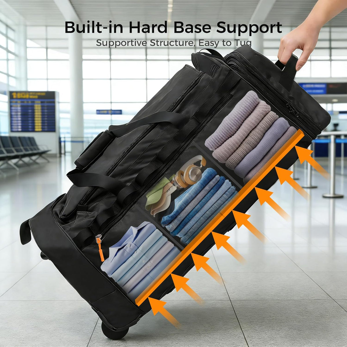 Rolling Duffle Bag for Travel with 3 Wheels, 28" 110L-120L Large Waterproof Wheeled Duffel, Expandable Fold-Up Travel Duffel Bag, No-Sag Design Lightweight Soft Bag for Men Women, Black
