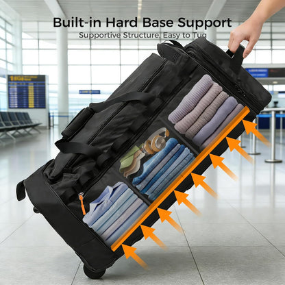 Rolling Duffle Bag for Travel with 3 Wheels, 28" 110L-120L Large Waterproof Wheeled Duffel, Expandable Fold-Up Travel Duffel Bag, No-Sag Design Lightweight Soft Bag for Men Women, Black