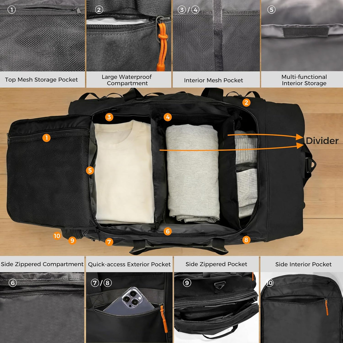 Rolling Duffle Bag for Travel with 3 Wheels, 28" 110L-120L Large Waterproof Wheeled Duffel, Expandable Fold-Up Travel Duffel Bag, No-Sag Design Lightweight Soft Bag for Men Women, Black