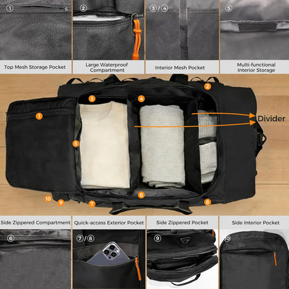 Rolling Duffle Bag for Travel with 3 Wheels, 28" 110L-120L Large Waterproof Wheeled Duffel, Expandable Fold-Up Travel Duffel Bag, No-Sag Design Lightweight Soft Bag for Men Women, Black