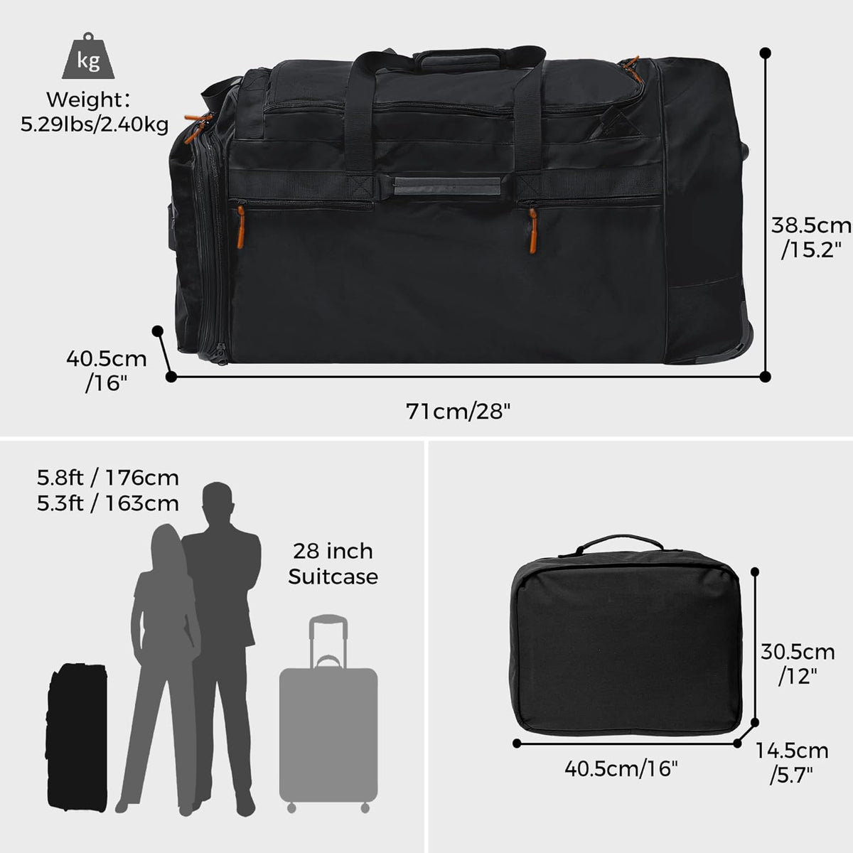 Rolling Duffle Bag for Travel with 3 Wheels, 28" 110L-120L Large Waterproof Wheeled Duffel, Expandable Fold-Up Travel Duffel Bag, No-Sag Design Lightweight Soft Bag for Men Women, Black