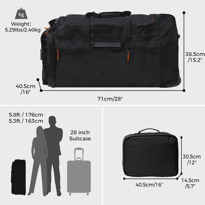 Rolling Duffle Bag for Travel with 3 Wheels, 28" 110L-120L Large Waterproof Wheeled Duffel, Expandable Fold-Up Travel Duffel Bag, No-Sag Design Lightweight Soft Bag for Men Women, Black