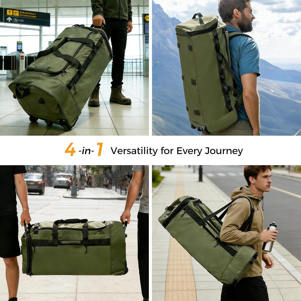 Rolling Duffle Bag for Travel with 3 Wheels, 28" 110L-120L Large Waterproof Wheeled Duffel, Expandable Fold-Up Travel Duffel Bag, No-Sag Design Lightweight Soft Bag for Men Women, Black