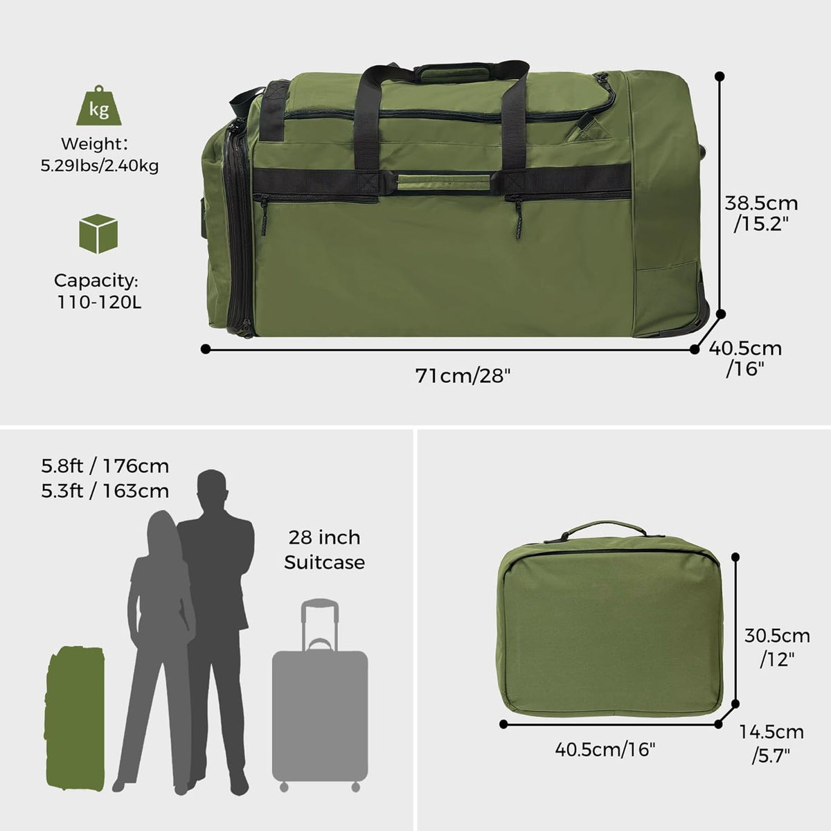 Rolling Duffle Bag for Travel with 3 Wheels, 28" 110L-120L Large Waterproof Wheeled Duffel, Expandable Fold-Up Travel Duffel Bag, No-Sag Design Lightweight Soft Bag for Men Women, Black