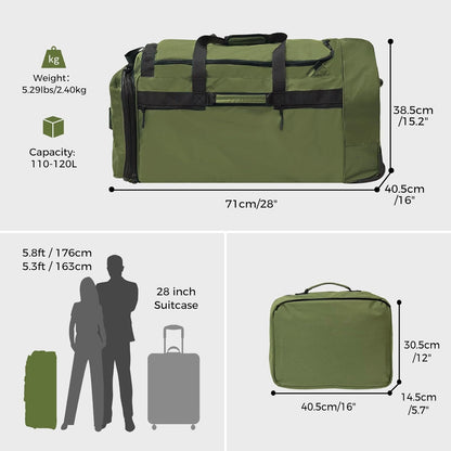 Rolling Duffle Bag for Travel with 3 Wheels, 28" 110L-120L Large Waterproof Wheeled Duffel, Expandable Fold-Up Travel Duffel Bag, No-Sag Design Lightweight Soft Bag for Men Women, Black