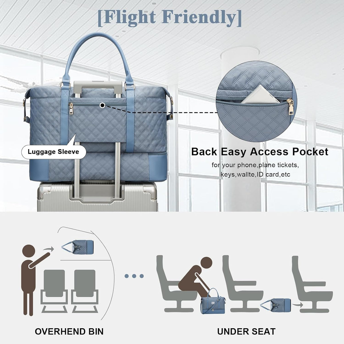 Large Travel Duffle Bag Carry on Weekend Bag with Shoes Compartment Gym Bags for Travel Women Men Waterproof Business Work Overnight Trips Sport Hospital Airplane Travel Essentials GreyBlue