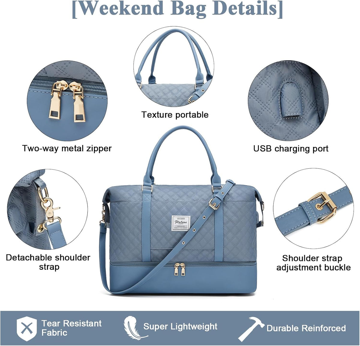 Large Travel Duffle Bag Carry on Weekend Bag with Shoes Compartment Gym Bags for Travel Women Men Waterproof Business Work Overnight Trips Sport Hospital Airplane Travel Essentials GreyBlue