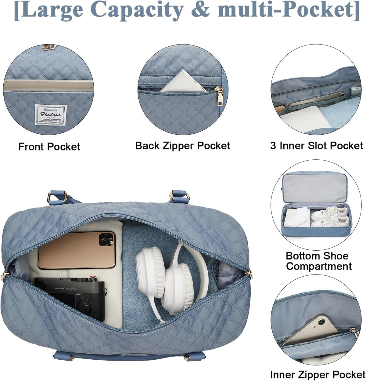 Large Travel Duffle Bag Carry on Weekend Bag with Shoes Compartment Gym Bags for Travel Women Men Waterproof Business Work Overnight Trips Sport Hospital Airplane Travel Essentials GreyBlue