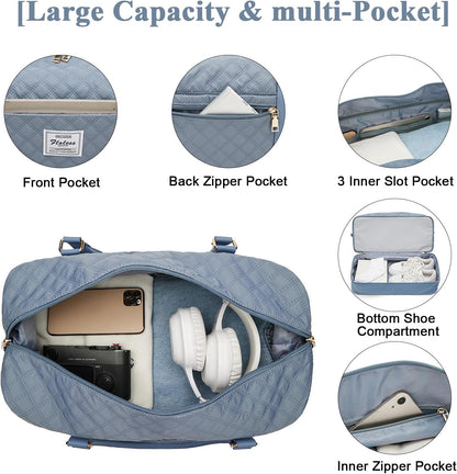 Large Travel Duffle Bag Carry on Weekend Bag with Shoes Compartment Gym Bags for Travel Women Men Waterproof Business Work Overnight Trips Sport Hospital Airplane Travel Essentials GreyBlue