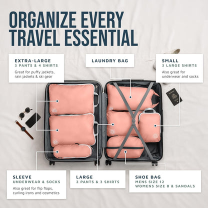 Large Compression Packing Cubes for Travel-Packing Cube Luggage Organizers 7 Piece Set for Checked Luggage-Ultralight, Expandable/Compression Bags (White/Green)
