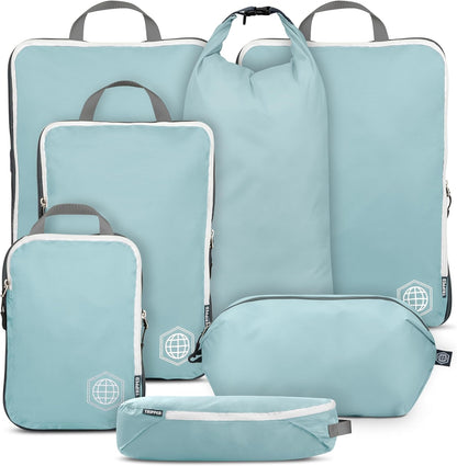 Large Compression Packing Cubes for Travel-Packing Cube Luggage Organizers 7 Piece Set for Checked Luggage-Ultralight, Expandable/Compression Bags (White/Green)